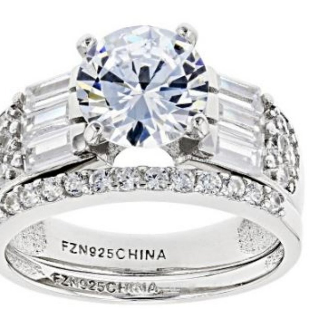 White Cubic Zirconia Rhodium Over Sterling Silver Engagement Ring Set SZ 8